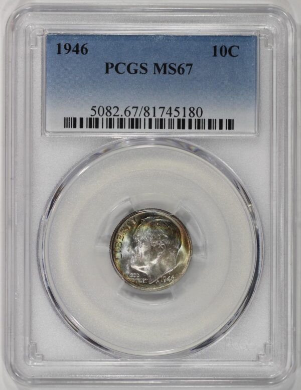 1946 10c Silver Roosevelt Dime PCGS MS67 Colorful Toning