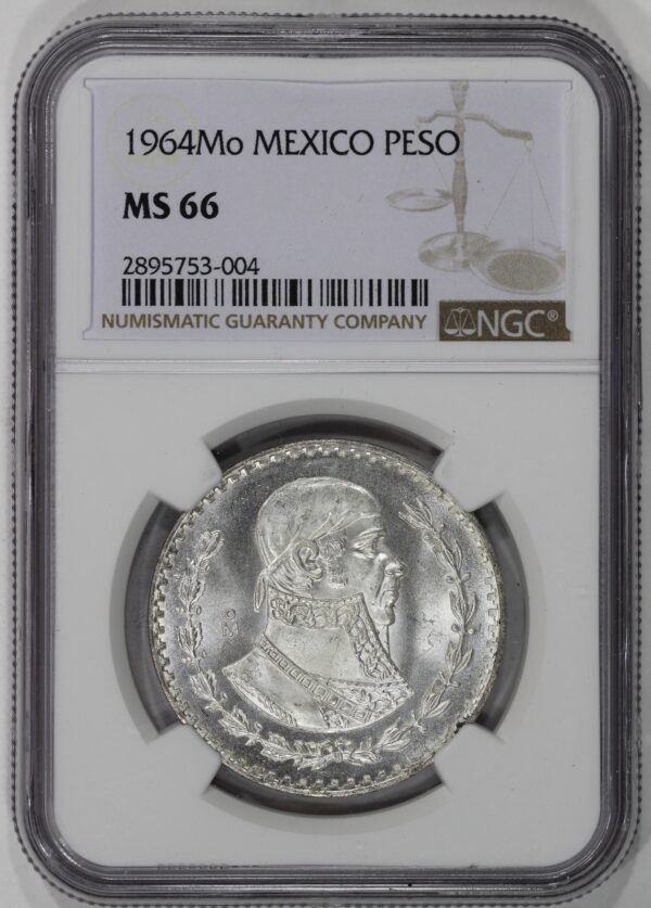 1964 Mo Mexico Silver Un Peso NGC MS66 KM#459 Jose Morelos