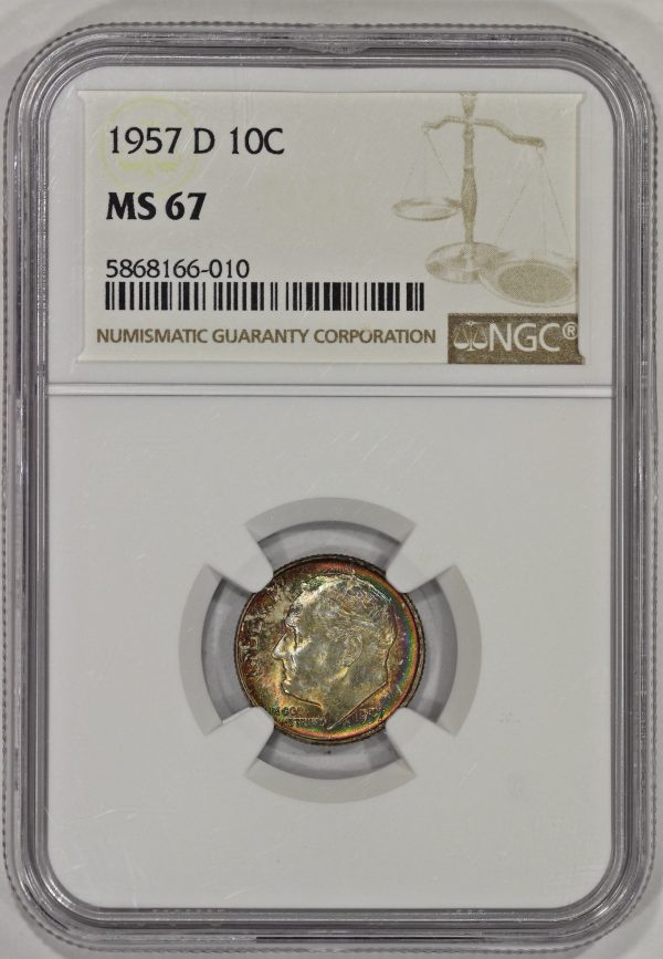 1957-D 10c Silver Roosevelt Dime NGC MS67 Colorful Toning - Image 2