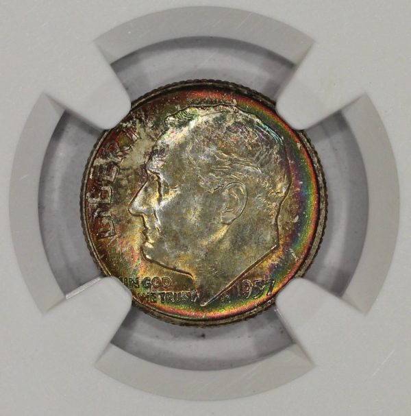 1957-D 10c Silver Roosevelt Dime NGC MS67 Colorful Toning