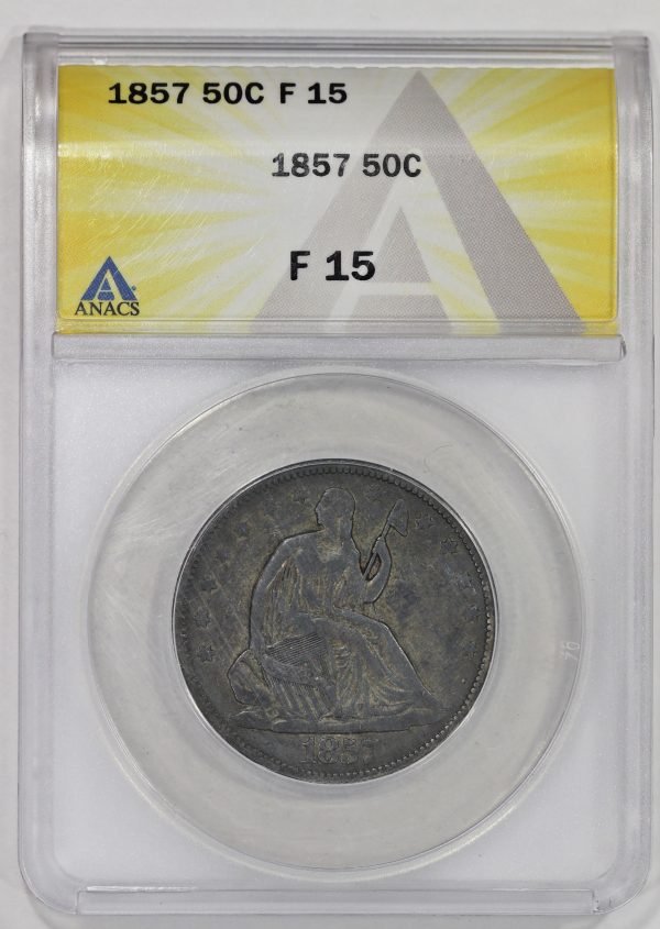 1857 50c Liberty Seated Half Dollar ANACS F15