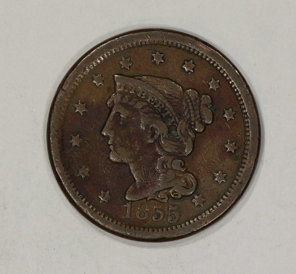 1855 1c Braided Hair Large Cent Upright Fives