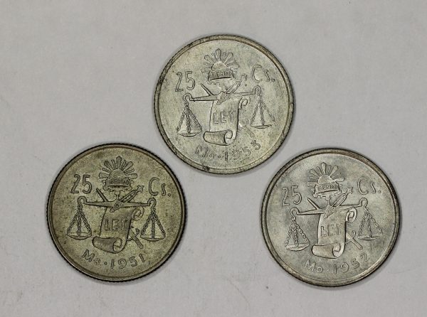 3 Coins Mexico 25 Centavos 1951, 1952,1953 KM#443