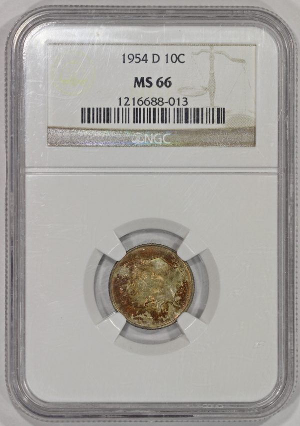 1954-D 10c Silver Roosevelt Dime NGC MS66 Colorful Toning - Image 2