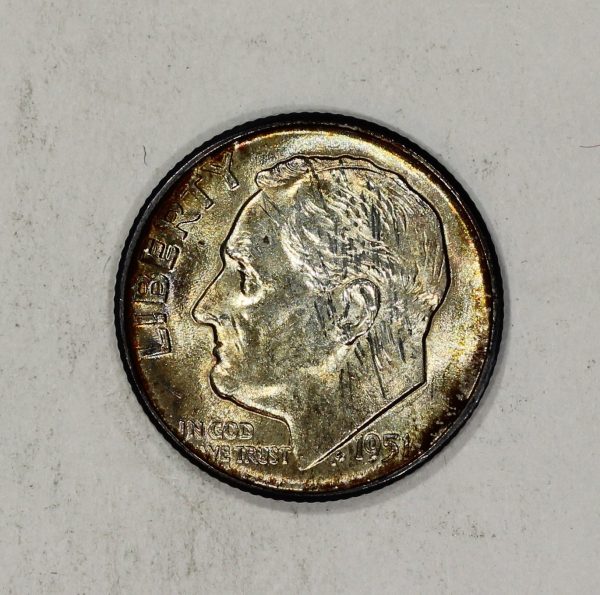 1951-D 10c Silver Roosevelt Dime Colorful Toning - Image 5