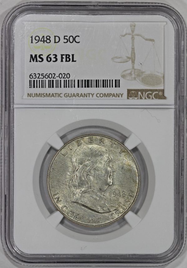 1948-D 50c Silver Franklin Half Dollar NGC MS63 FBL Full Bell Lines