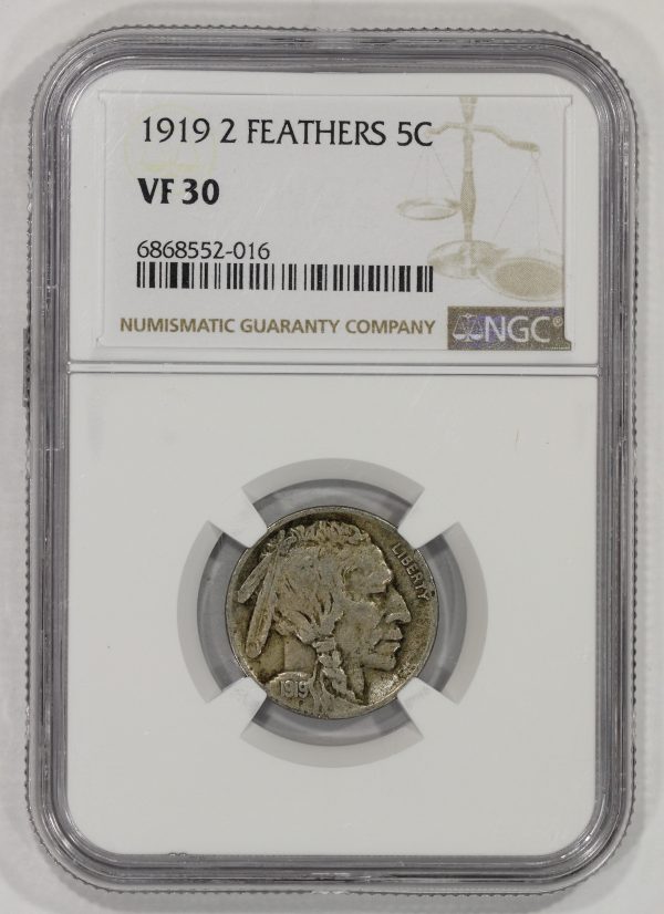 1919 5c Buffalo Nickel NGC VF30 2 Feathers Variety