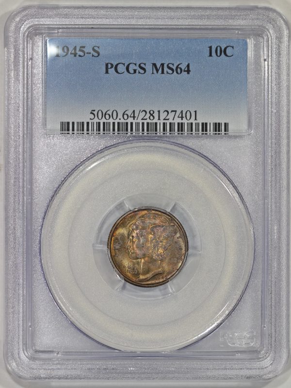 1945-S 10c Silver Mercury Dime PCGS MS64 colorful Toning
