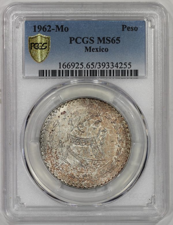 1962-Mo Mexico Silver Peso Coin PCGS MS65 Jose Morelos Toned