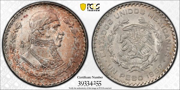1962-Mo Mexico Silver Peso Coin PCGS MS65 Jose Morelos Toned - Image 4