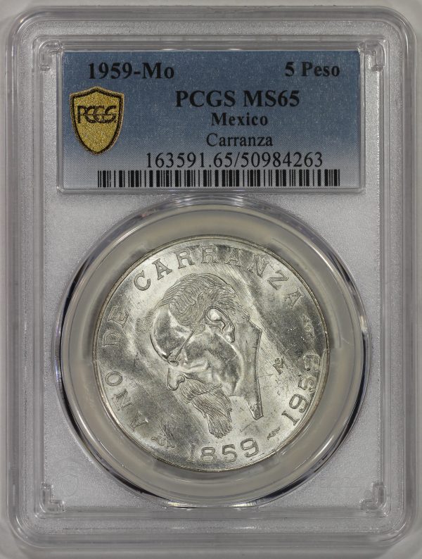 1959 Mo Mexico Silver 5 Pesos Coin PCGS MS65 Año De Carranza