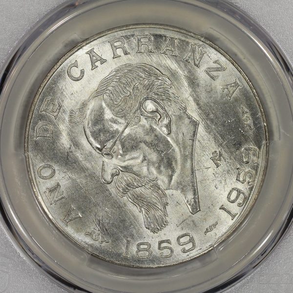 1959 Mo Mexico Silver 5 Pesos Coin PCGS MS65 Año De Carranza - Image 3