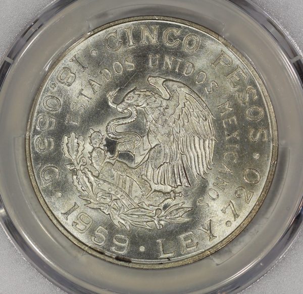 1959 Mo Mexico Silver 5 Pesos Coin PCGS MS65 Año De Carranza - Image 5