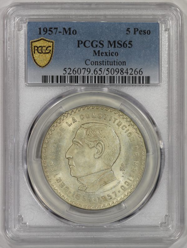 1957-Mo Mexico Silver 5 Pesos Coin PCGS MS65 Constitution Centennial KM#470