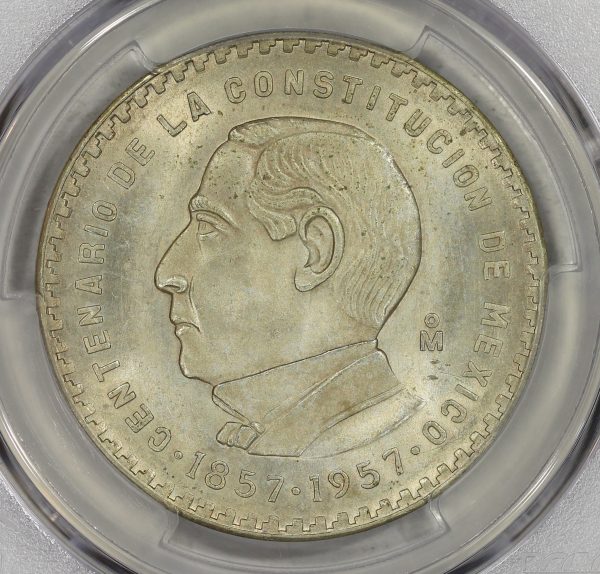 1957-Mo Mexico Silver 5 Pesos Coin PCGS MS65 Constitution Centennial KM#470 - Image 3