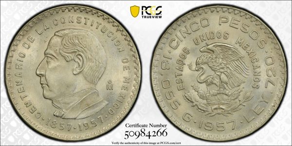 1957-Mo Mexico Silver 5 Pesos Coin PCGS MS65 Constitution Centennial KM#470 - Image 4