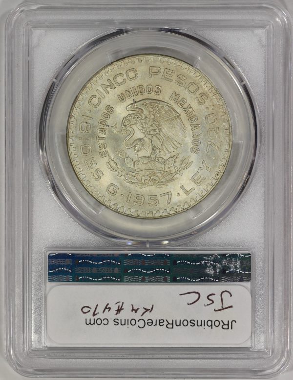 1957-Mo Mexico Silver 5 Pesos Coin PCGS MS65 Constitution Centennial KM#470 - Image 5
