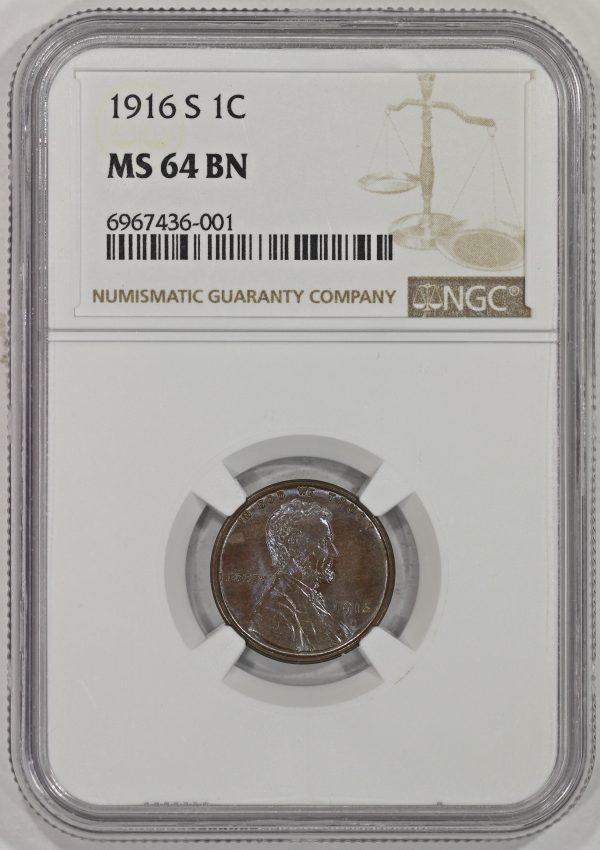 1916-S 1c Lincoln Wheat Cent NGC MS64BN Colorful Blue Toning