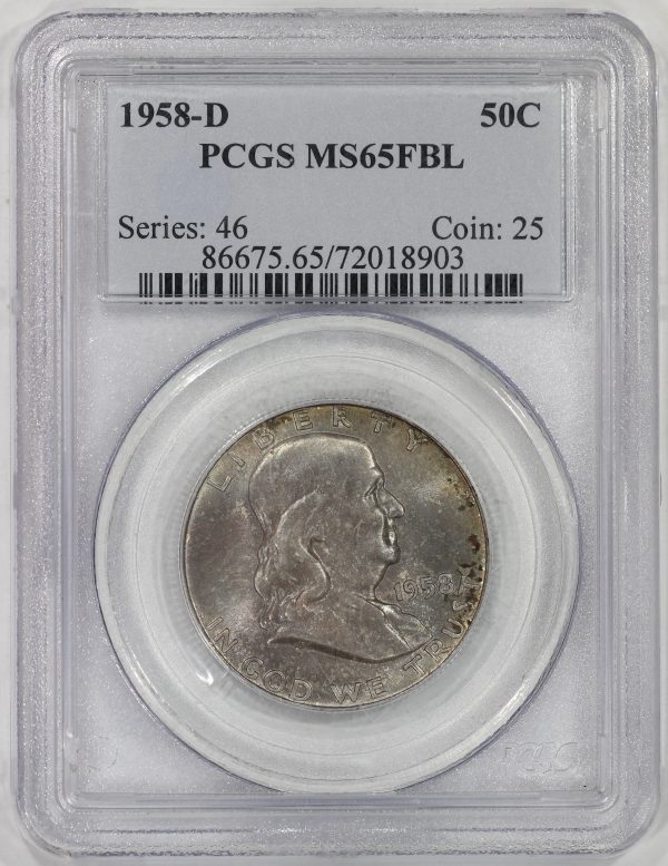 1958-D 50c Silver Franklin Half Dollar PCGS MS65FBL Toned Full Bell Lines