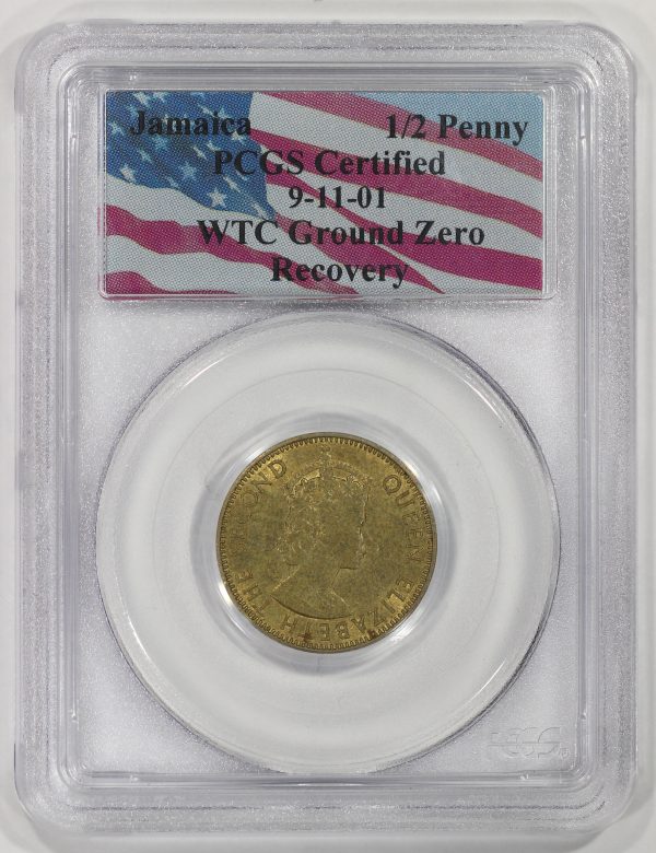 1966 Jamaica Half Penny PCGS 9-11-2001 World Trade Center Ground Zero Recovery WTC AU/UNC
