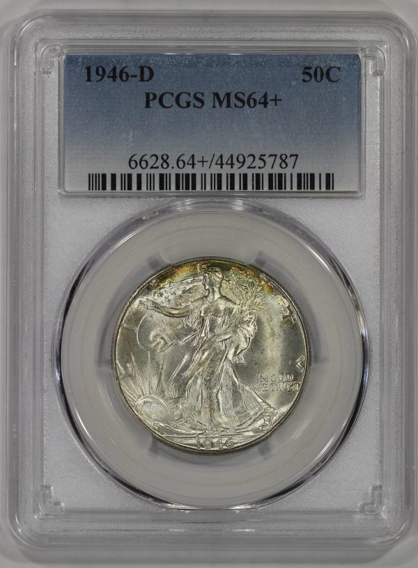 1946-D 50c Silver Walking Liberty Half PCGS MS64+ Colorful Toning