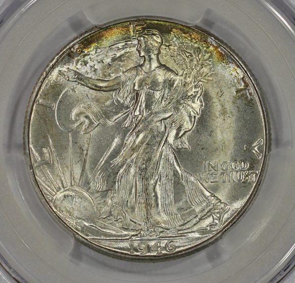 1946-D 50c Silver Walking Liberty Half PCGS MS64+ Colorful Toning - Image 3