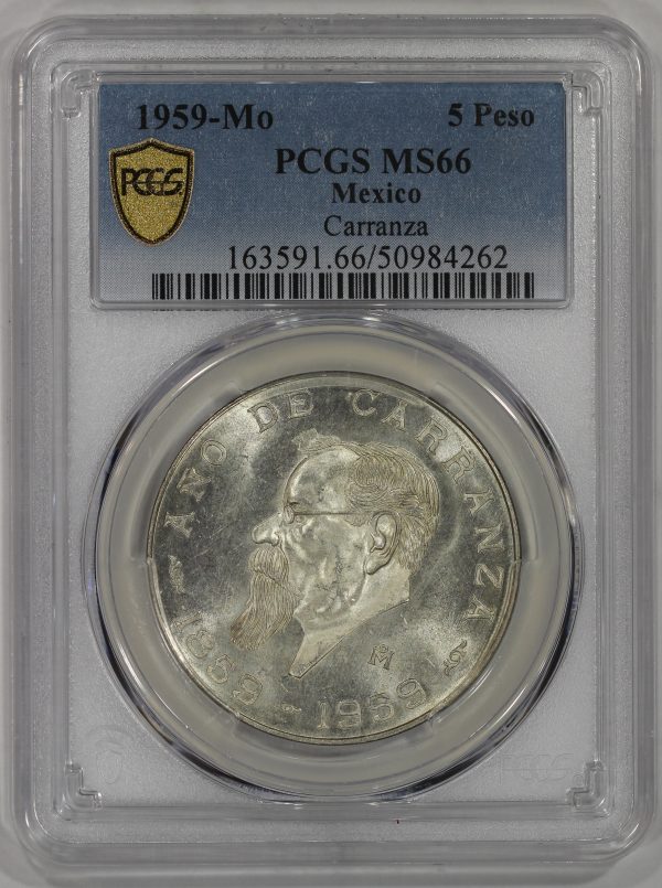 1959 Mo Mexico Silver 5 Pesos PCGS MS66 Carranza KM#471