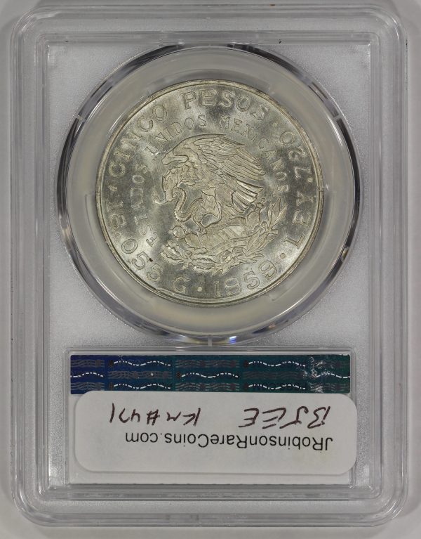 1959 Mo Mexico Silver 5 Pesos PCGS MS66 Carranza KM#471 - Image 4