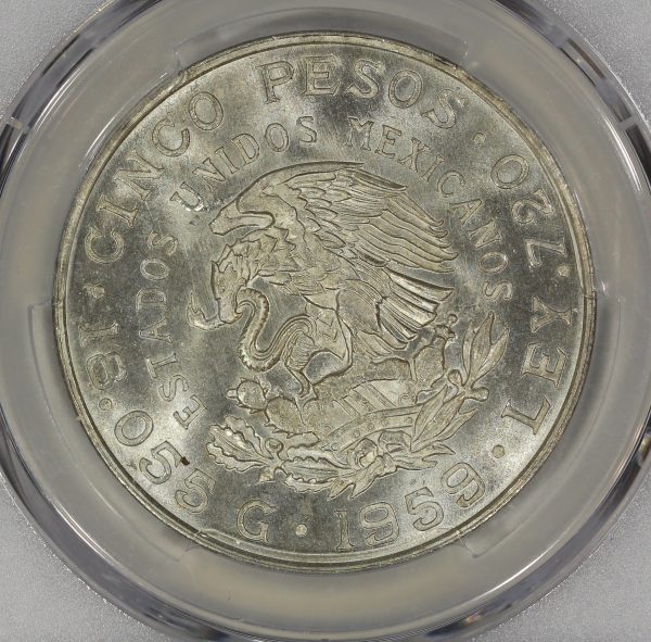 1959 Mo Mexico Silver 5 Pesos PCGS MS66 Carranza KM#471 - Image 5