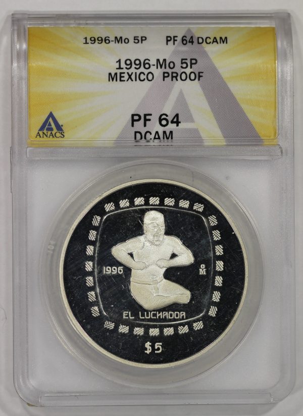 1996 Mo Mexico Silver 5 Pesos "El Luchador" Proof Coin ANACS PF64DCAM  Olmec Series