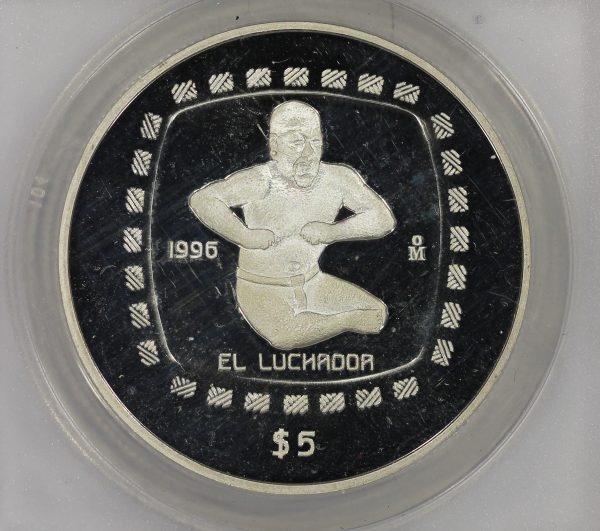 1996 Mo Mexico Silver 5 Pesos "El Luchador" Proof Coin ANACS PF64DCAM  Olmec Series - Image 3