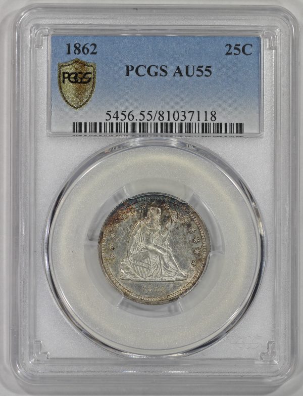 1862 25c Liberty Seated Quarter PCGS AU55 Lightly Toned Civil War Date