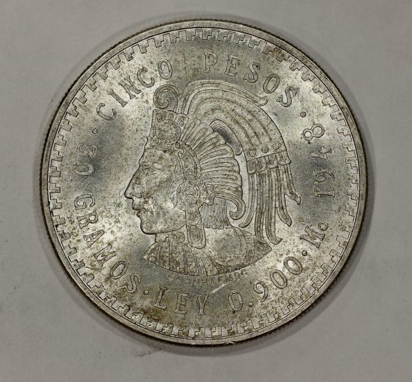 1948 Mo Mexico Silver 5 Pesos Coin Cuahtemoc KM#465 .900 Silver