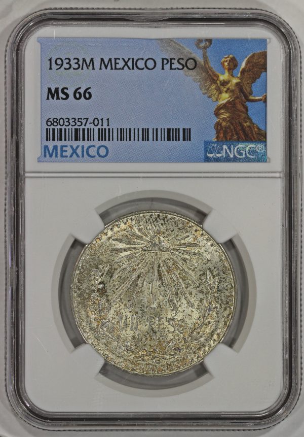 1933 M Mexico Silver 1 Peso Coin NGC MS66 Toned KM#455