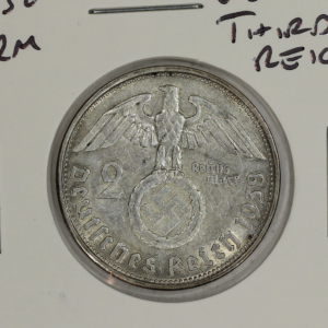 1938-B Germany Silver 2 Reichsmark Coin Hindenburg Swastika KM#93