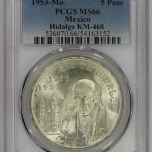1953 Mo Mexico Silver 5 Pesos Hidalgo PCGS MS66 KM#468