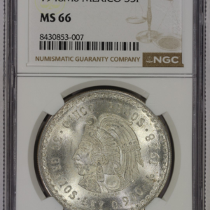 1948 Mo Mexico Silver 5 Pesos NGC MS66 Cuauhtemoc .900
