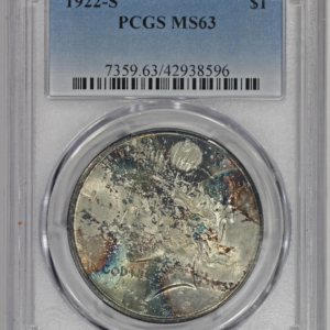 1922-S $1 U.S. Silver Peace Dollar PCGS MS63 Colorful Toning Better Date