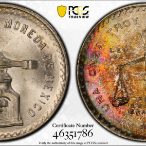 1980 Mo Mexico Casa De Moneda Silver Una Onza Coin PCGS MS64 Colorful Toning