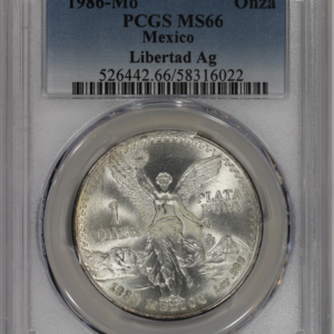 1986 Mo Mexico Silver 1 oz Libertad PCGS MS66 Onza