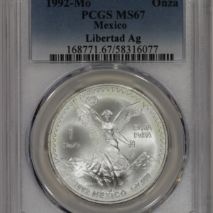 1992 Mo Mexico Silver 1oz Libertad PCGS MS67 Onza