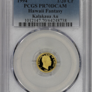 1994 Royal Hawaiian Gold 1/20 oz .9999 PCGS PR70DCAM Kalakaua Pop 1